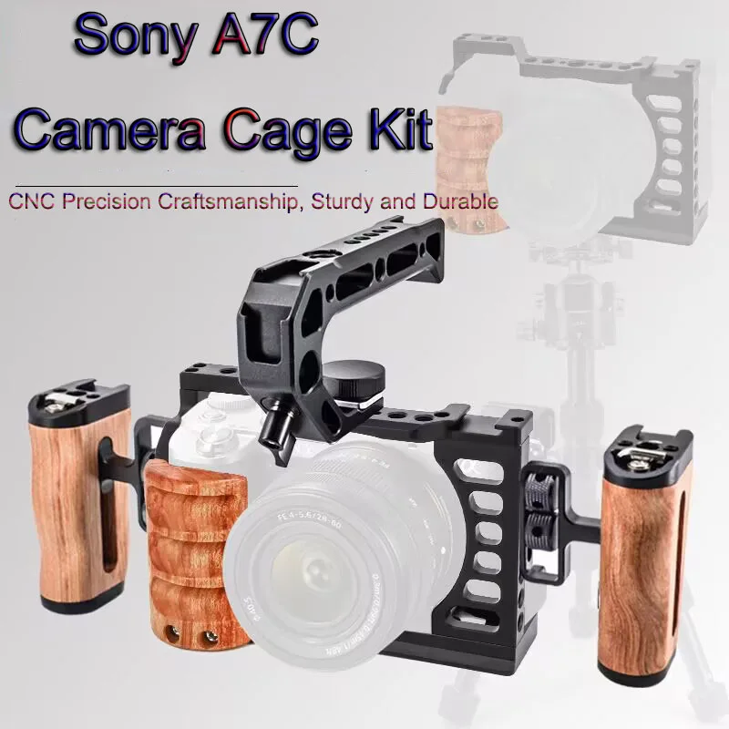 PyroGraphy A7C Cage Kit Handheld Shooting Kit with Full Cage Built-in Rosewood Handgrip Top&Side Handle Grip for Sony A7C Camera