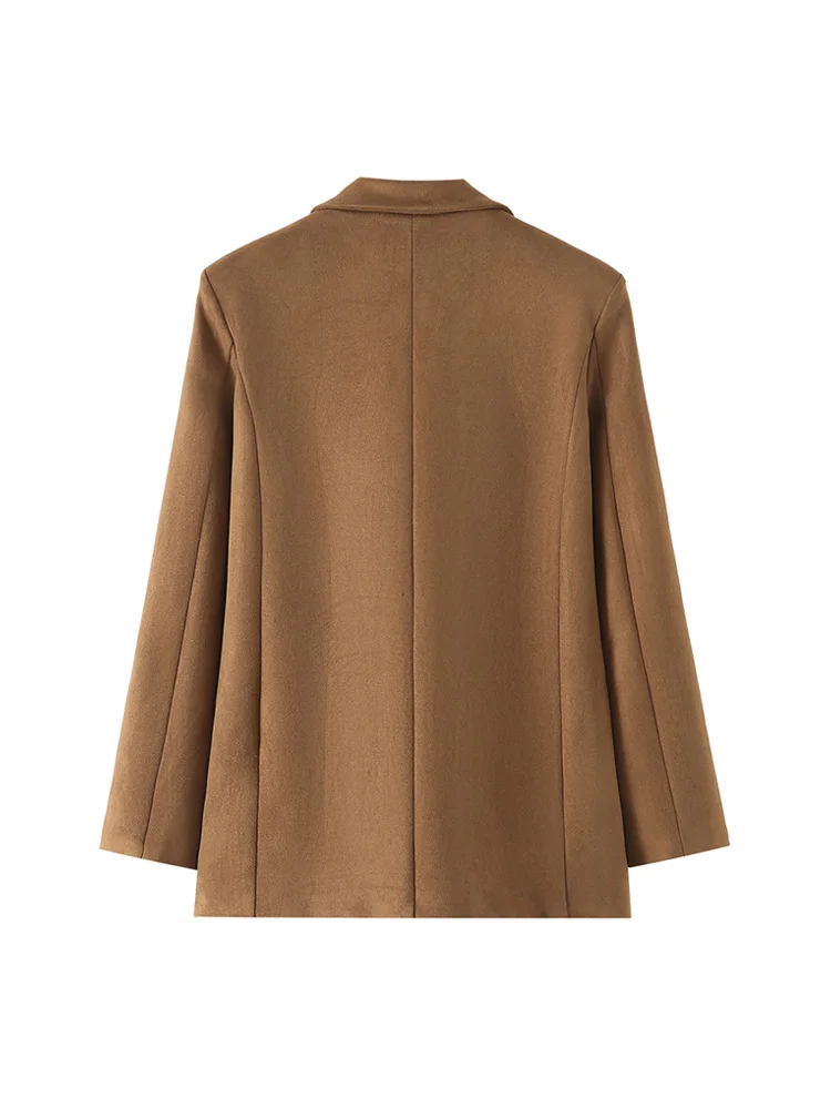 معطف نسائي من جلد الغزال الصناعي بلون سادة وأكمام طويلة مع جيوب أمامية ملابس خارجية أنيقة للنساء #3