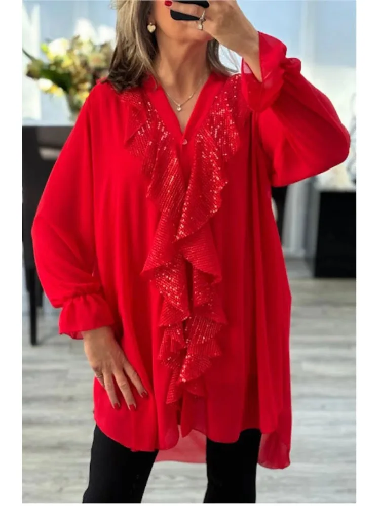 

Fashion Elegant Solid Womens Tops And Blouses New V-neck Chiffon Long-sleeved Sequined Women's Shirt Blouses Women Casual Autumn