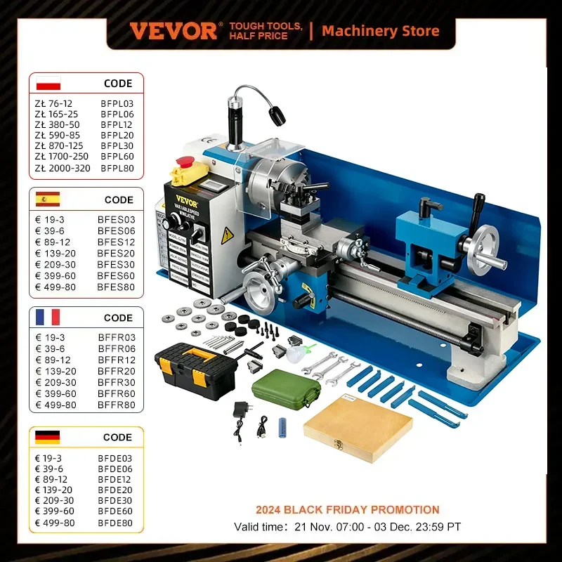 VEVOR Mini-Metalldrehmaschine, 550 W, 180 x 350 mm, Drehmaschine, variable Geschwindigkeit,