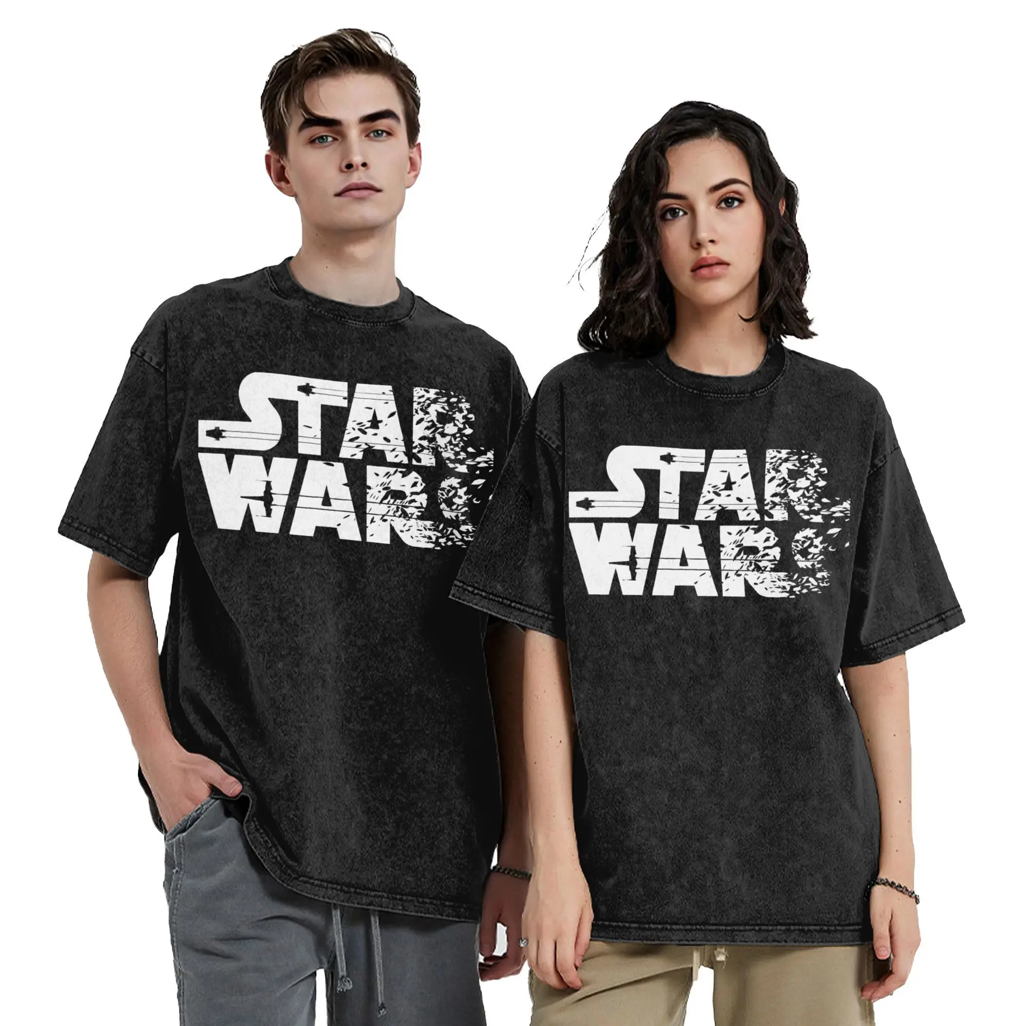 

Винтажные потертые футболки с логотипом Stars Wars StarWars для мужчин и женщин, хлопковые топы Kawaii с круглым вырезом и коротким рукавом