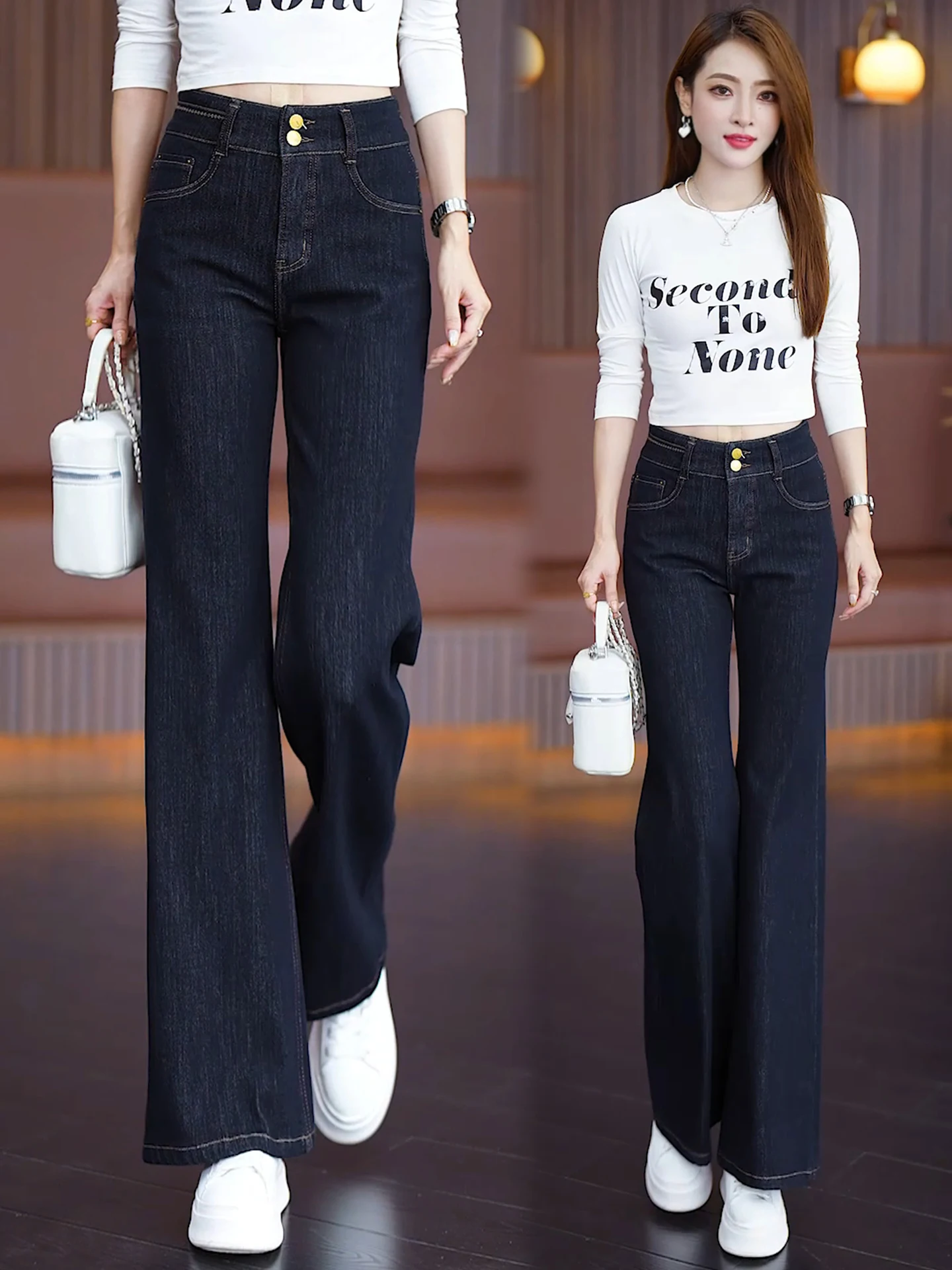 

Deep Blue High Waist Bell Bottom Jeans Women's Spring Autumn Slim Fit Wide Leg Pants Retro Micro Flare Trousers Casual Cotton...