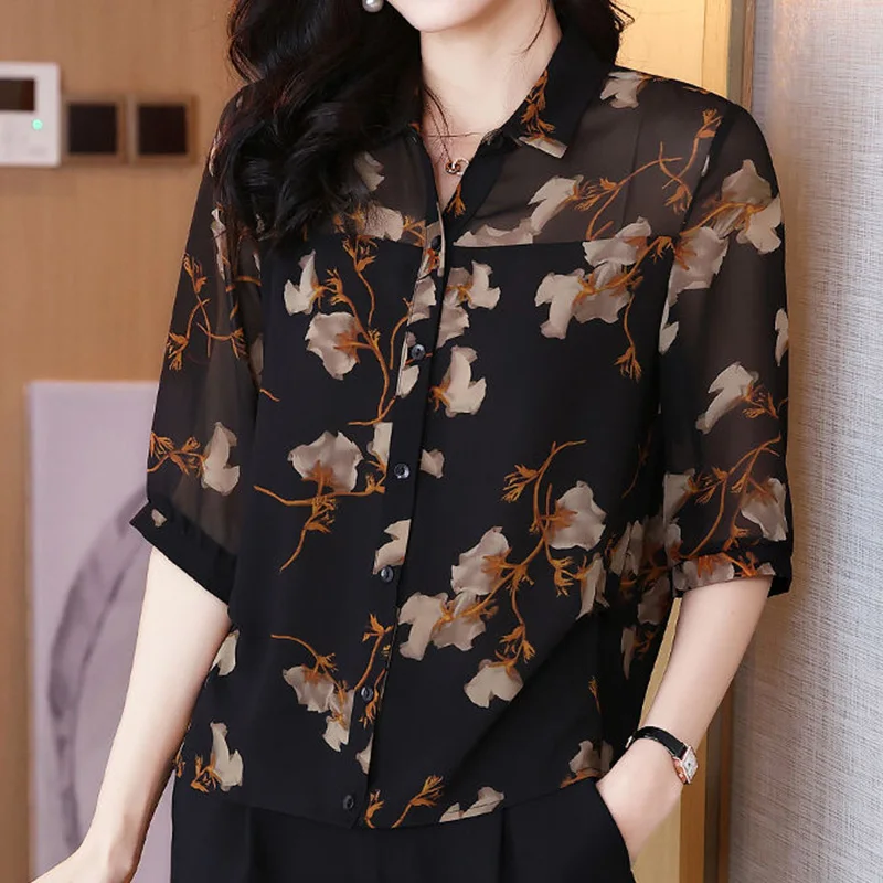 Elegant Fashion Casual Button Floral Leopard Printing Shirt Summer Autumn 2023 Polo-Neck Half Sleeve Loose Tops Women\'s Clothing