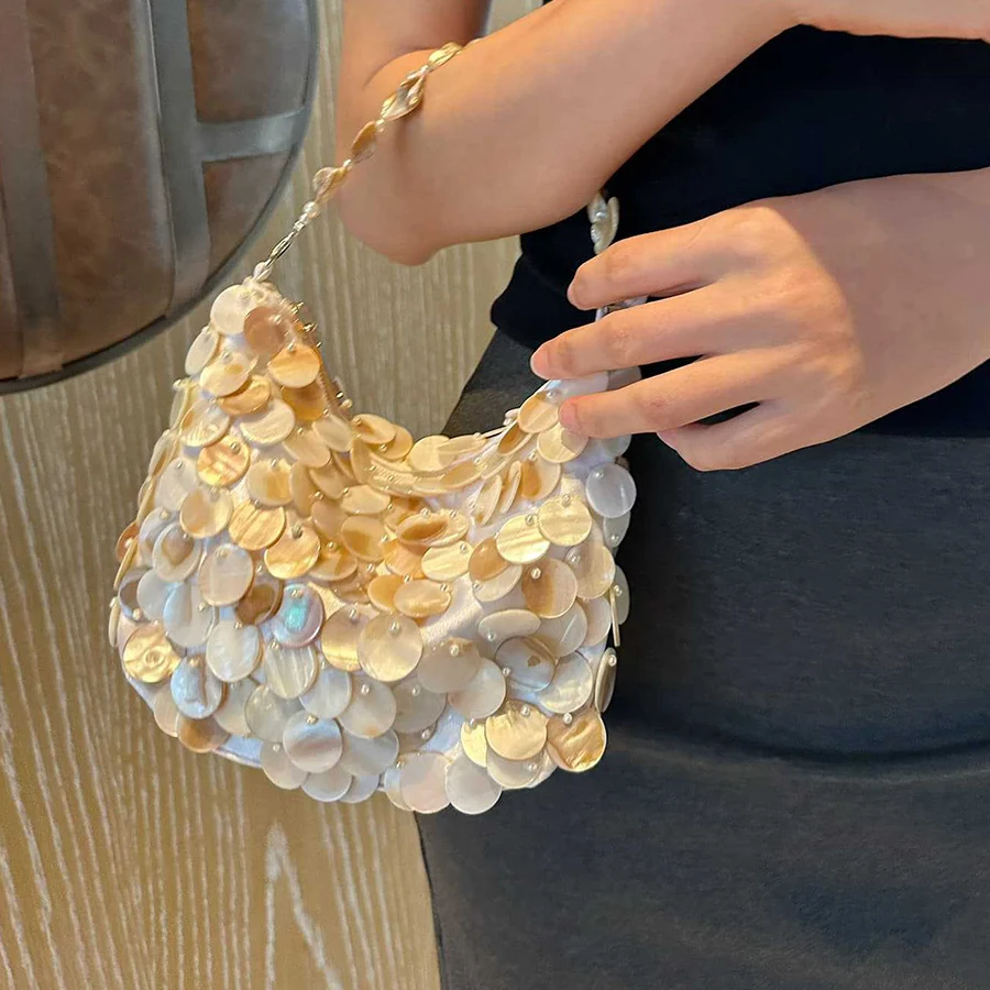 

Кошелек-клатч ручной работы с жемчугом и бисером, весенне-летний стиль для светских вечеринок, женская сумка на плечо в форме ракушки, свадебная свадьба
