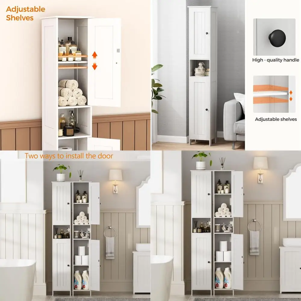 67 Высокий белый тонкий шкаф для хранения в ванной комнате с 2 дверцами, регулируемыми полками, защитой от опрокидывания, простая сборка