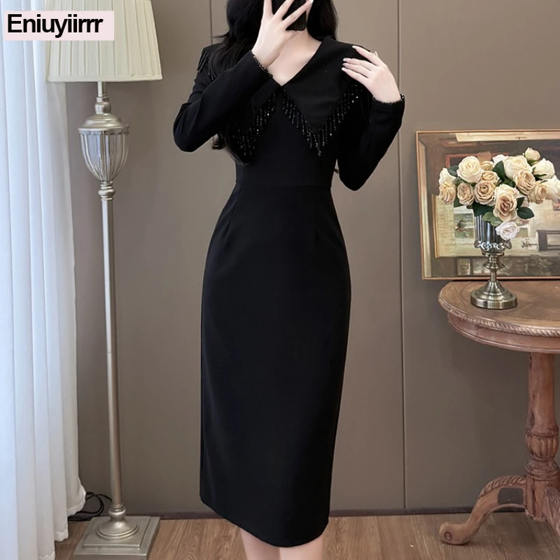 بلينغ مطرز فساتين أنيقة امرأة ضئيلة شيك كوريا أزياء السنة الجديدة مساء ليلة حزب فستان طويل قميص أسود