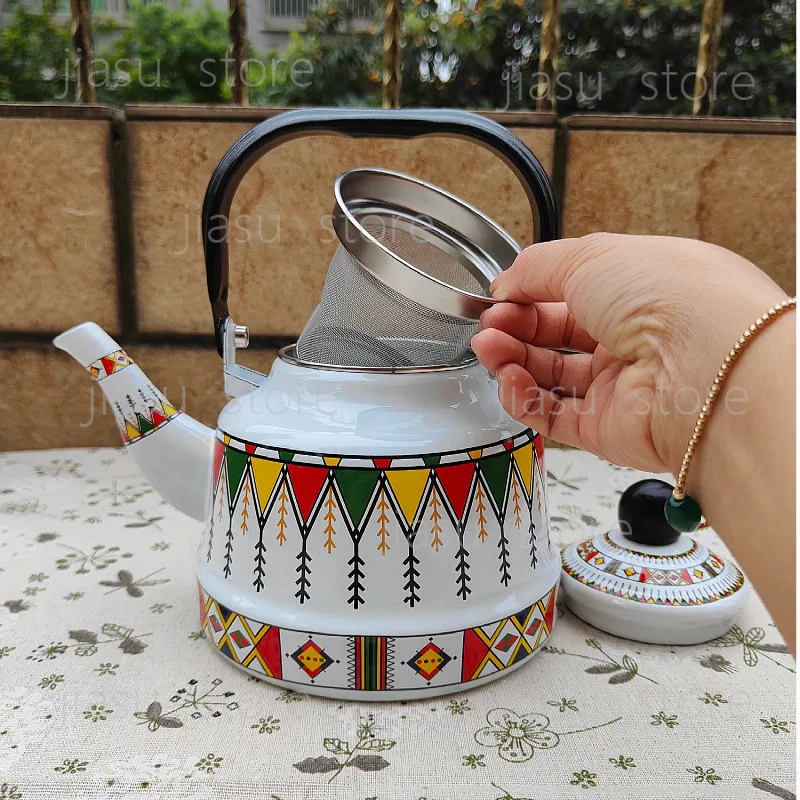 

Enamel Tea Pot with Leakproof Strainer for Brewing Tea Coffee Milk Home Outdoor Small Kettle