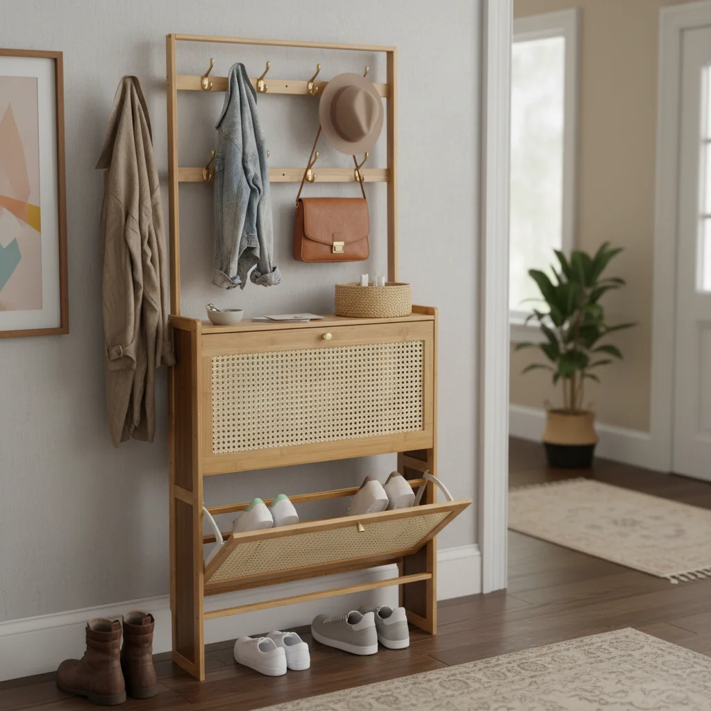 Scarpiera a due livelli con anta a ribalta, organizer per scarpe in bambù con 8 ganci e dispositivo anti-ribaltamento per ingresso e corridoio di casa