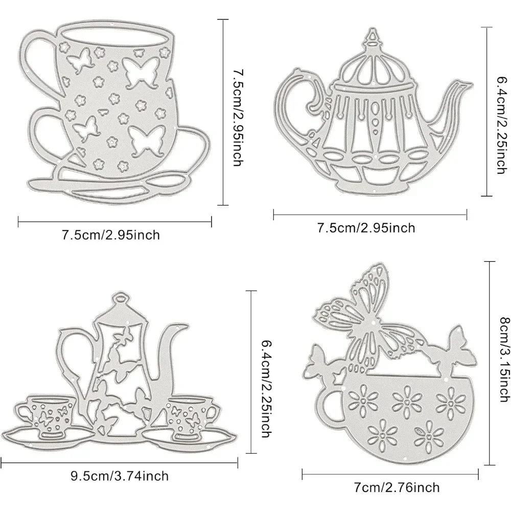 4Pcs Metal Teapot Tea Cup Cutting Dies Tea Cup with Butterfly Stencil Template for Tea Party Invitations Scrapbook Embossing