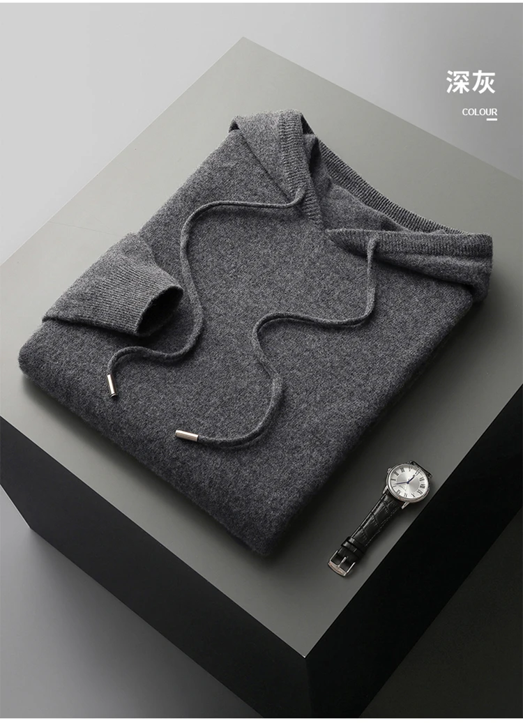 DjzDsm 100% Merino Wool Men's One-piece Ready-to-Wear Hoodie Knitted Sweatshirt Autumn Winter Casual Large Top Long Sleeved