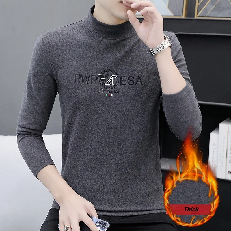 Fashion High Quality Long Sleeve Pullovers Half Turtleneck Collor Warm Thick Winter Solid Color Patterned Slim FitT-shirts