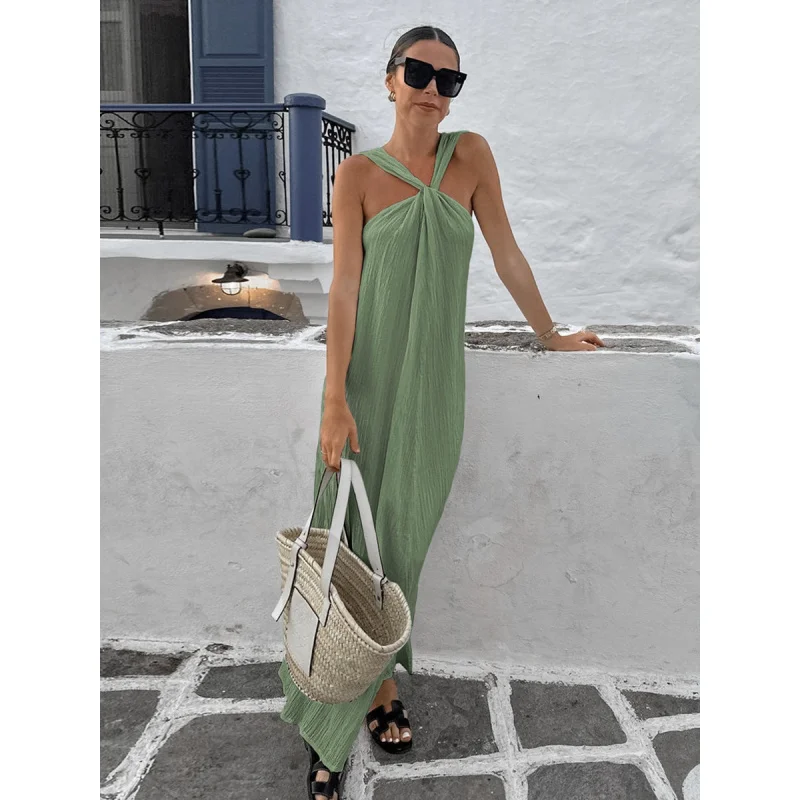 FB-Beige بلا أكمام الرسن الرقبة شاطئ عارضة Dress2025Summer أزياء جديدة بالجملة فستان طويل للنساء