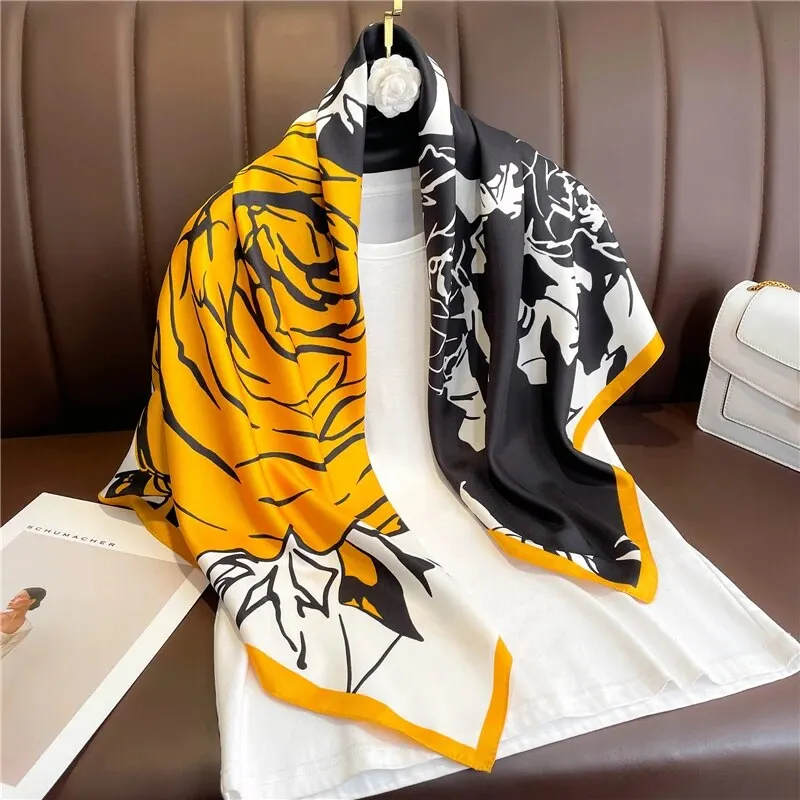 Design Luxury 90cm Twill Silk Women Scarf Sunscreen Foulard Shawl Hijab Female Hair Hijab Wraps Neckerchief Bandanda Echarpe