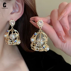 Luxury Rhinestone Digital Pearl Birdcage Drop Earrings for Women 2023 Fashion Creative Design Gold Color Earrings Party Jewelry