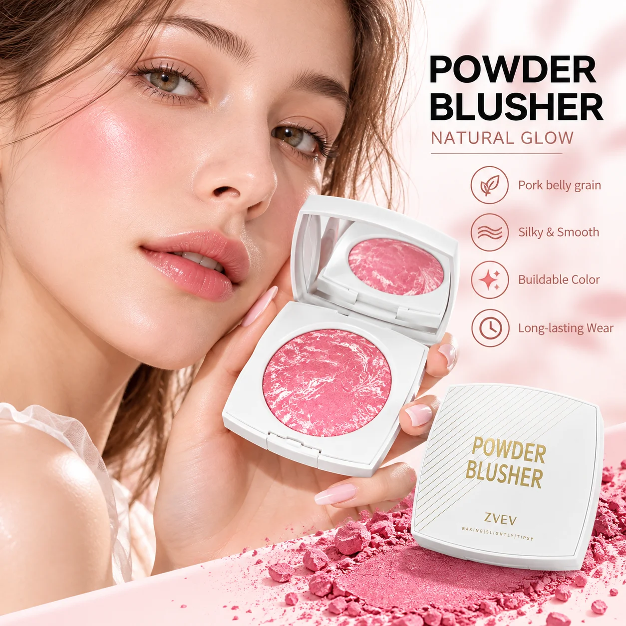 ZVEV Marble Baked Blush Powder, Watermelon Glow Natural Flush Cheek Rouge, Long Lasting Blendable Face Blusher Makeup with Mirro