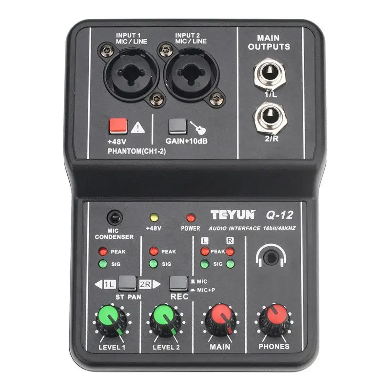 Portable Audio Interface Professional Mini External Sound Card Mixer 48V Computer Guitar Studio PC Record Teyun Q12 Equipment