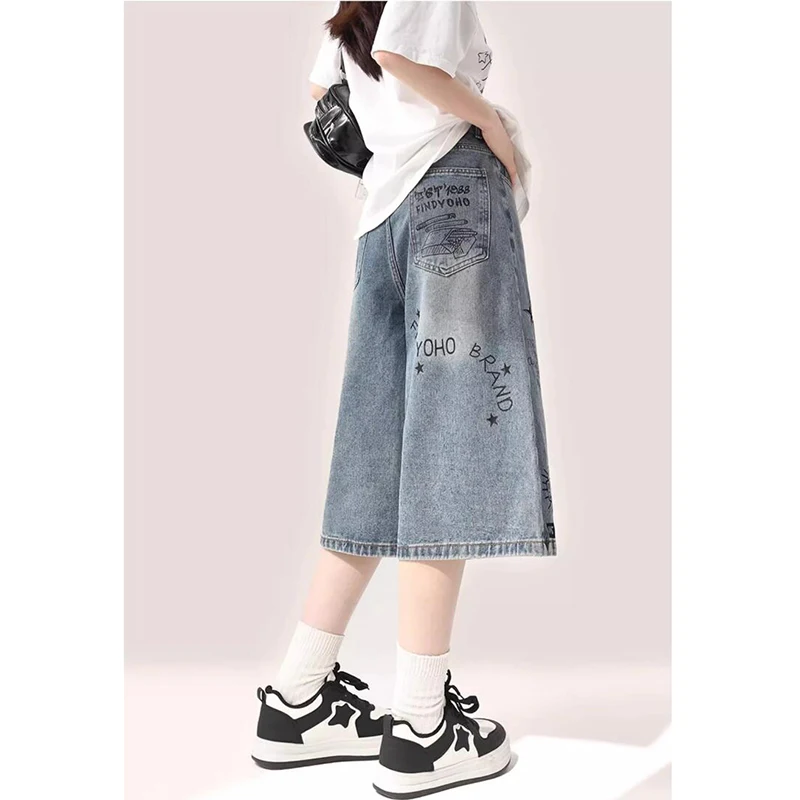 Graffiti Mid-length Denim Shorts Women Summer American Vintage Loose Straight Wide-leg Versatile Jeans Female