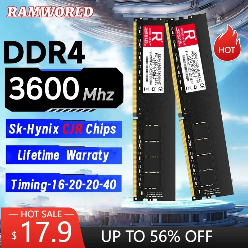 RAMWORLD DDR4 16GB 8GB 3600MHz XMP 2.0 CL-16 Sk-Hynix CJR Chips Desktop Memoria Ram PC4 1.35V 28800 DIMM Computer Memory