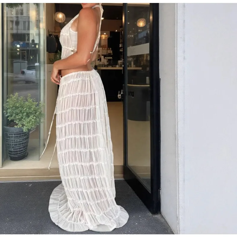 

Spring and Summer 2026 New Fashionable and Sexy Backless Neck Strap Pleated Lace Vest Long Dress Set
