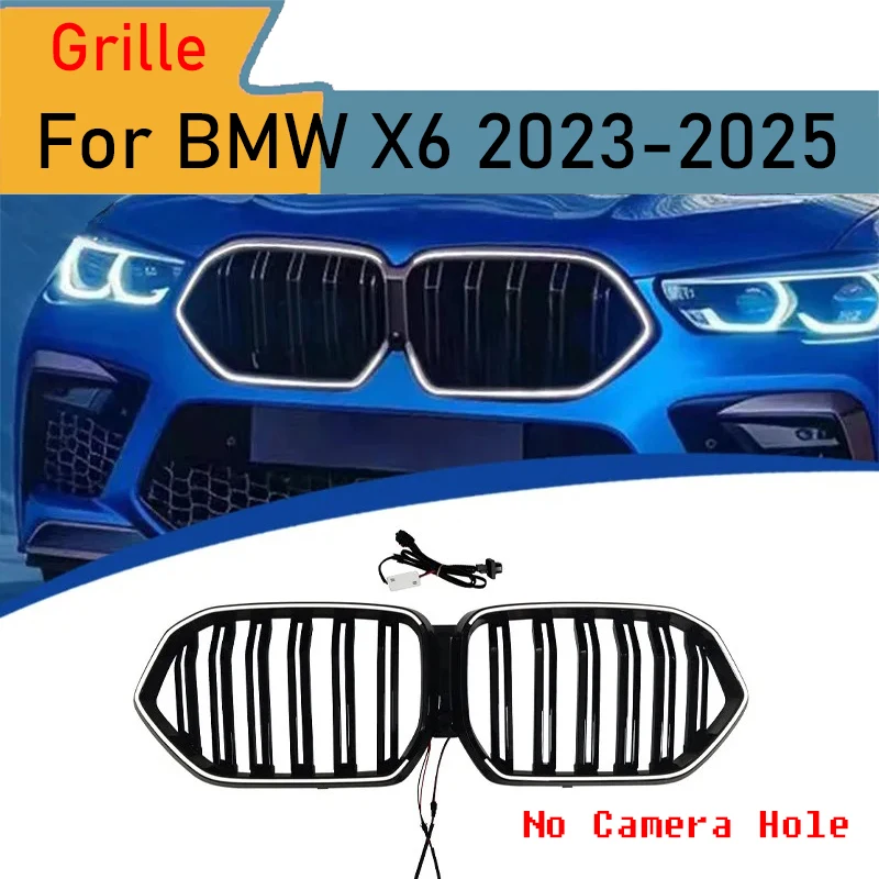 

Для BMW X6 G06 2023-2025 глянцевая черная решетка для почек со светодиодной подсветкой, передняя решетка, сменная сетка, аксессуары для стайлинга автомобилей