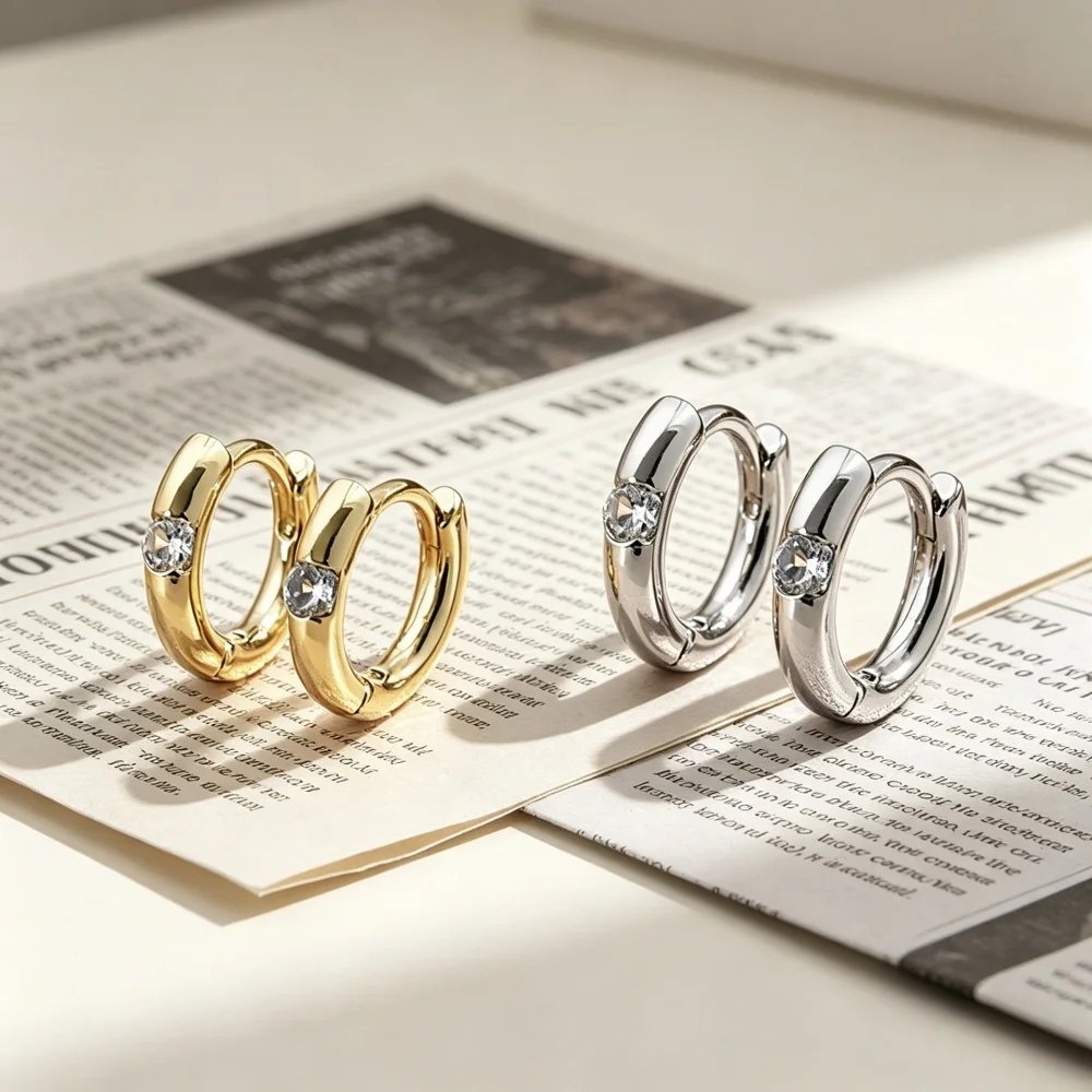Gold Silver Color Single Zircon Huggie Hoop Earrings for Women Minimalist Circle Cartilage Piercing Earrings Daily Jewelry Gift