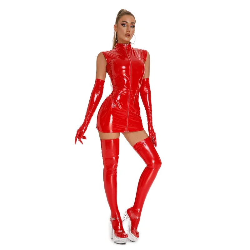 Women Latex Leather Lingerie Hot Exotic Mini Dress with Gloves and Socks Lady Catsuit Mistress Costumes Lenceria Femenina