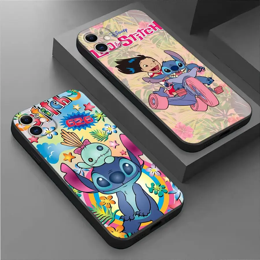 Disney Cute Stitch Phone Case for iPhone 16 Pro 13 Pro 14 XR 12 Mini 15 Pro Max XS X 7 8 SE 11 13pro Cover Black Soft