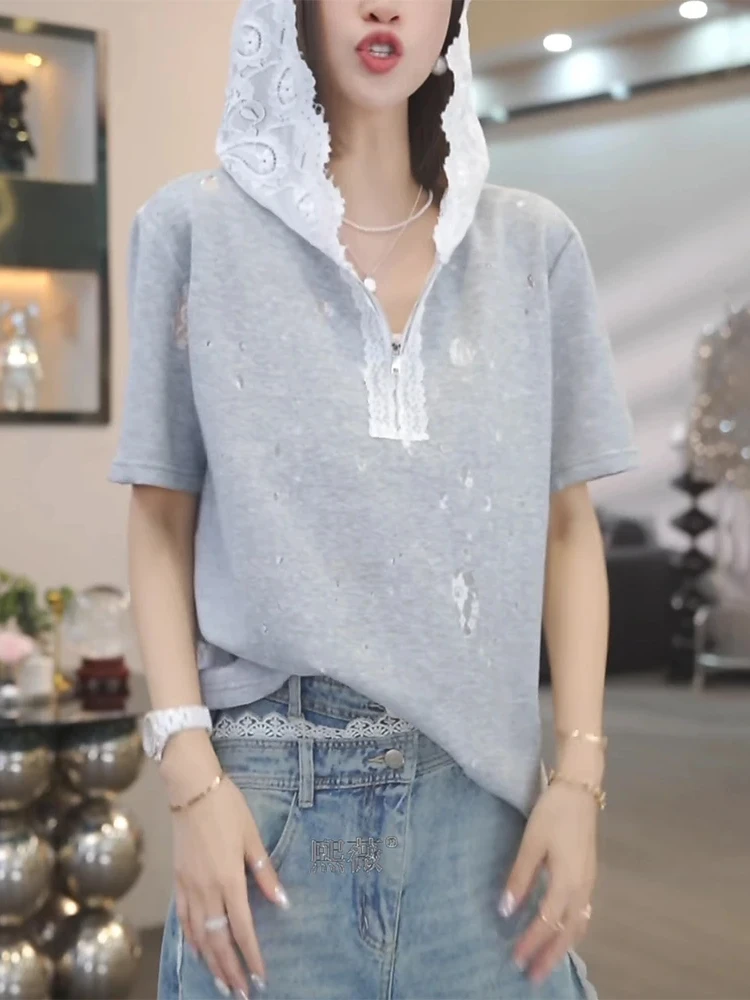 Hooded design short sleeved T-shirt for women's summer new item lace casual fashion and youthful high end slimming top