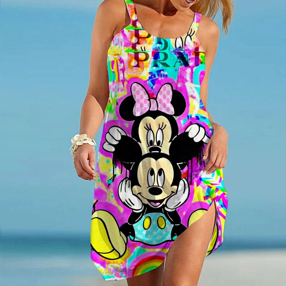 

2024 New Big Swing Off Shoulder Loose Sundress S-5xl Summer Dresses Disney Mickey Mouse Strap Beach Dress For Women