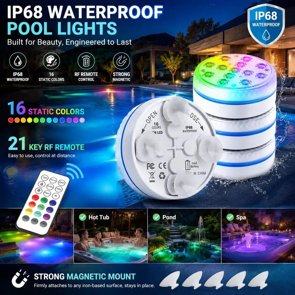 Submersible 13LEDs Lights Waterproof Underwater RGB with Remote Control Colour-Changing Light, Battery-Operated Flameless Lamps