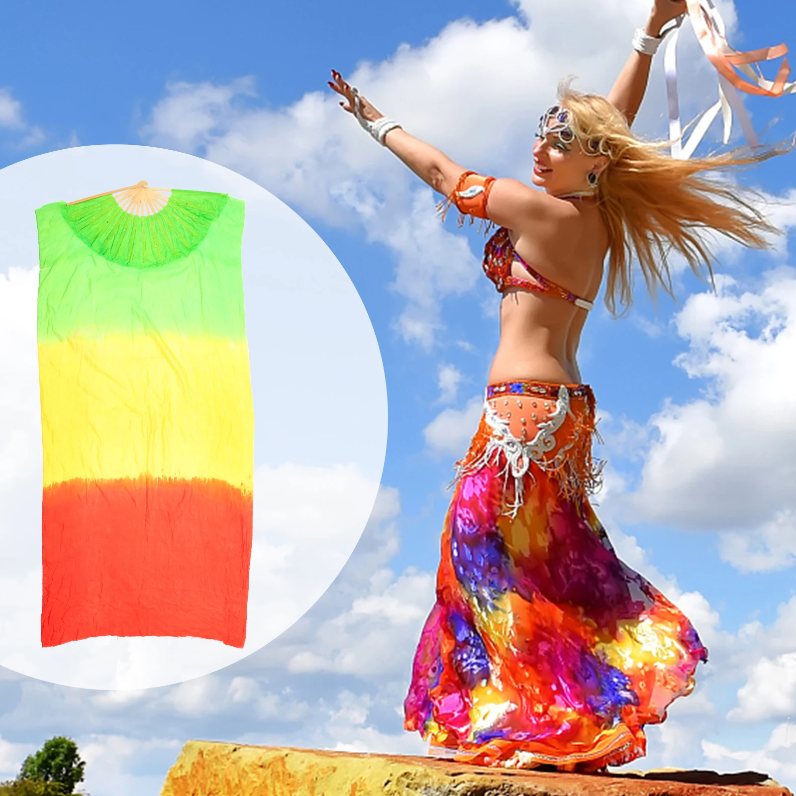 

Colorful Dance Fan Large Silk Fans Performance Belly Fabric Dancing Long Props Multicolor Foldable Dance Accessories