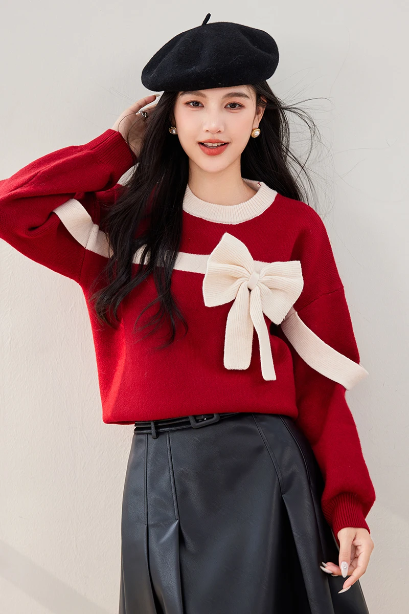 Kawaii Knitwear Sweaters Women Sweet Cute Big Bow Pullovers Autumn Winter Casual Keep Warm Long Sleeve O-Neck Sweater SL147