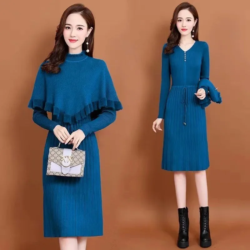 Thời Trang Mới 2021 Nữ Thu Đông Dài Áo Len Đầm Áo Thun Ấm Dệt Kim Chui Đầu Đầm + Áo Len Áo Vest 2 Miếng Bộ