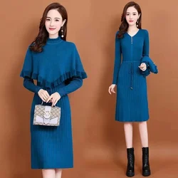 New Fashion Autumn Winter Women Long Sweater Dress Pullovers Warm Knitted Pullover Dresses + Sweaters Vest Two Pieces Set
