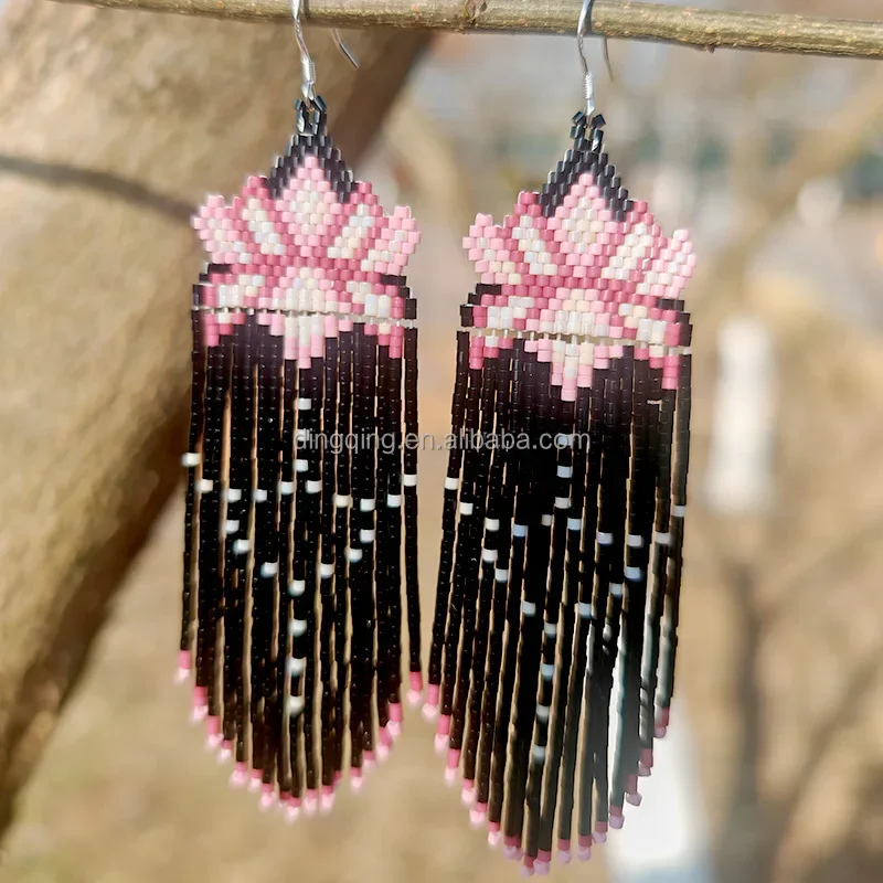 

Beaded earrings Tassel Flowers Design Originality Hand knitting Bohemia Alloy Tide Female Simple Rice bead earrings