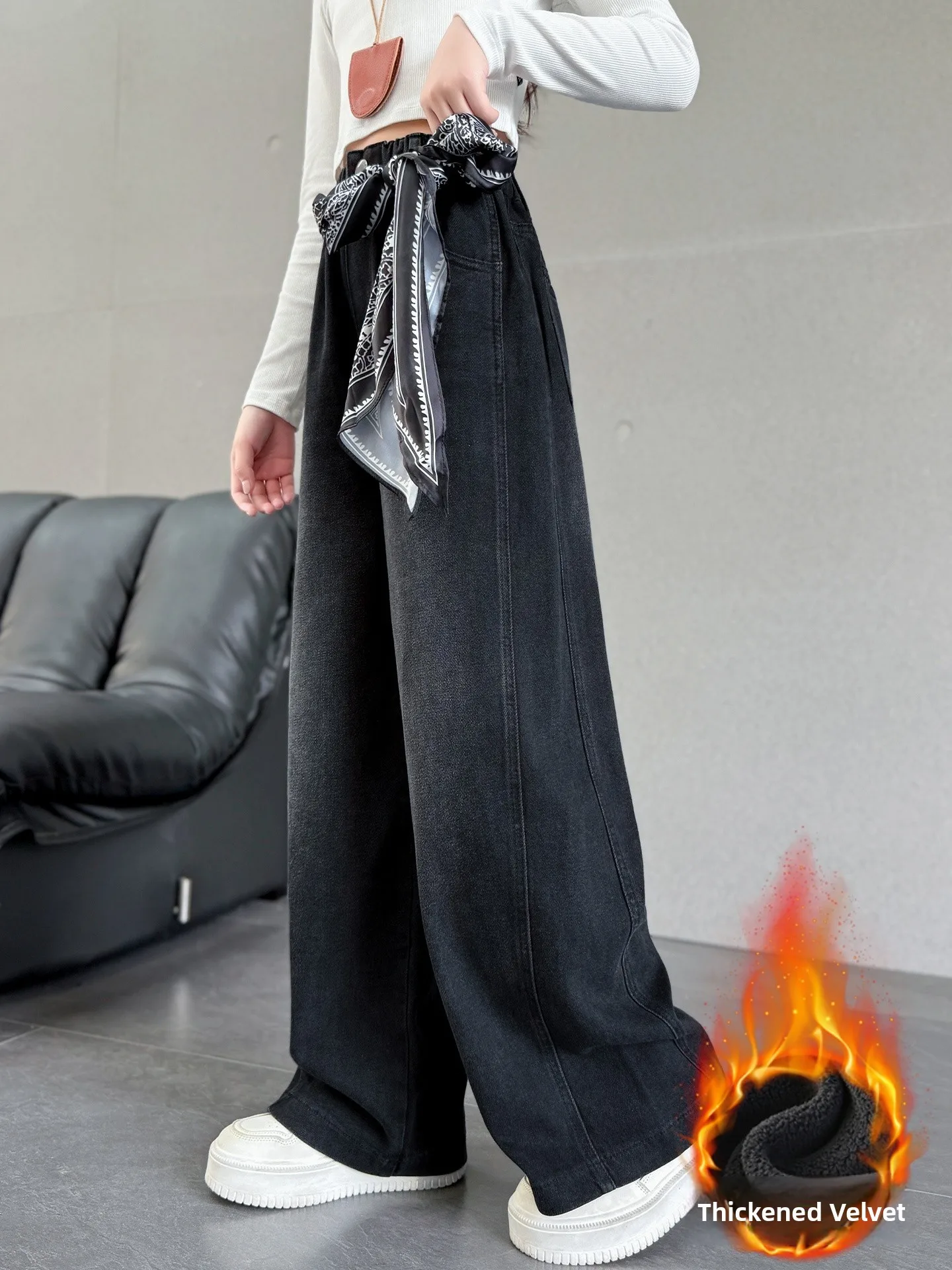 

Thiened Fce Girls Jeans Autumn Winter Wide Leg Pants Korean Sle Patchwork Breathable Elastic Waist for Junior High Sch...