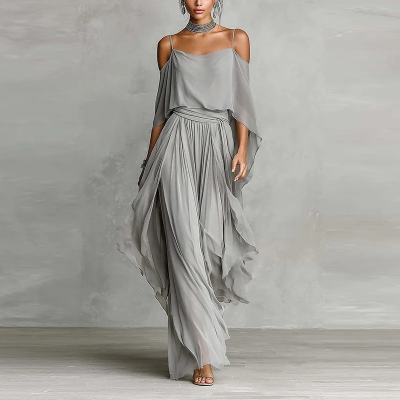 

Elegant Commuting Party Suits Simple Solid Color Off Shoulder Top+Pants Two Piece Set Spring Summer Chiffon Casual Outfit