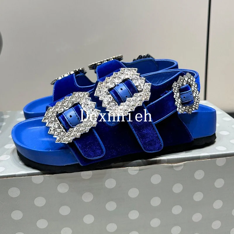 Summer New Flat Bottom Elevated Crystal Buckle Decorative Sandals for Women\'s Casual Open Toe Fashion Velvet Slippers 2024