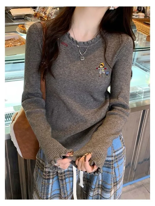 ay Baselayer Damen Langarm-Strickpullover mit Holzmaserung Rüschen-Innenfutter Lässiger Lockerer Schnitt aus Polyesterfaser