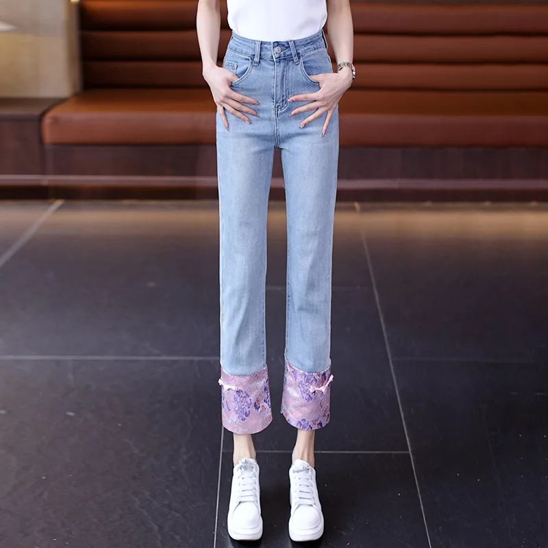 

Light Blue New Chinese Style Straight-Leg Jeans for Women, Autumn Versatile Patchwork Cropped Pants