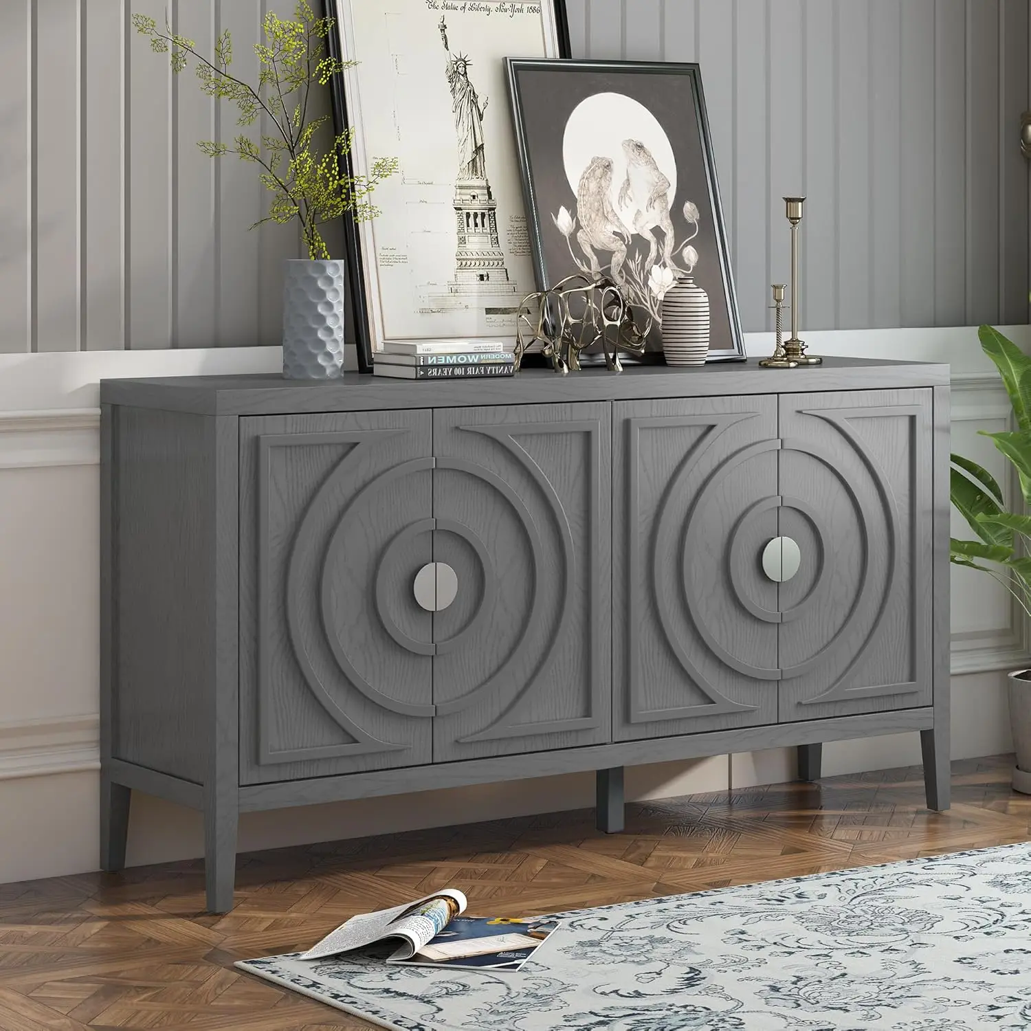 Merax Gray Wood Farmhouse Buffet Sideboard With With Circular Groove Designcoffee Bar Storge Cabinet Console Table For Living