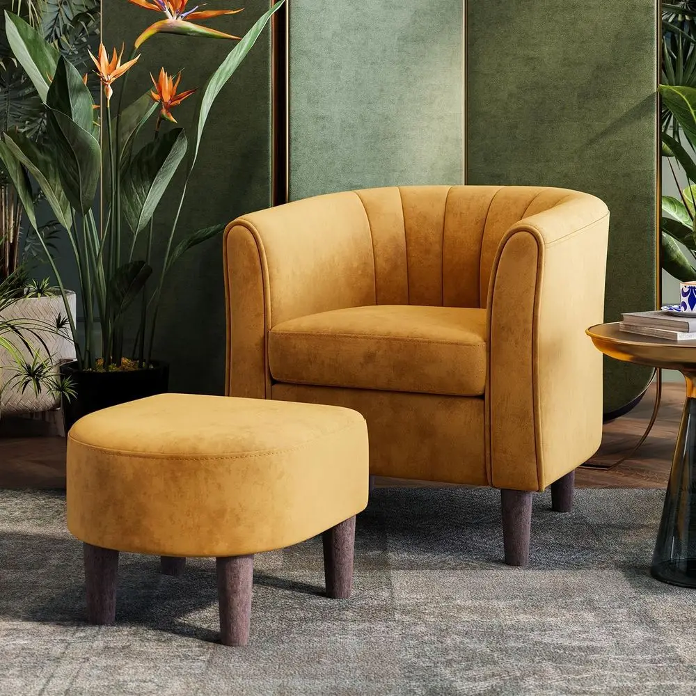 

Yellow Velvet Accent Chair with Ottoman for Living Room and Bedroom Reading Comfort