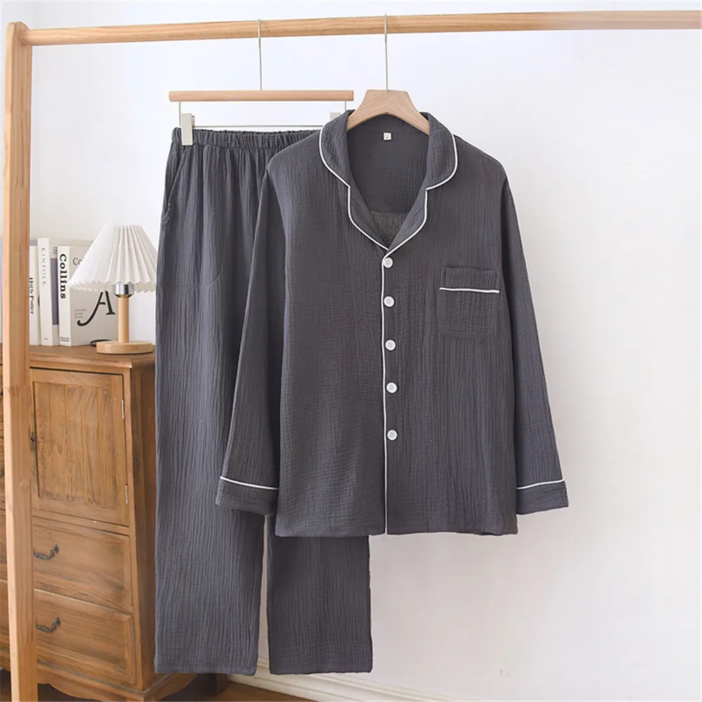 طقم بيجامات قميص بأكمام طويلة للرجال لربيع الخريف من القطن الرقيق غير الرسمي ملابس منزلية فضفاضة #5