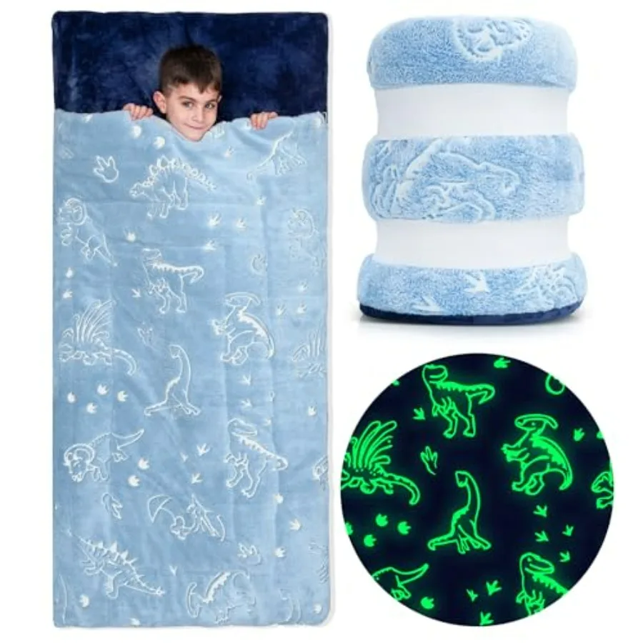 

sleeping bag for bedroom use, polyester fabric, neon green, glow-in-the-dark feature and pillow pocket