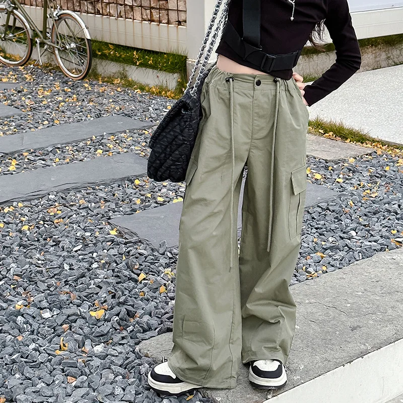 

Girls' American Parachute Work Pants 2025 New Mid to Large sized Children's Casual Loose Wide Leg Pants