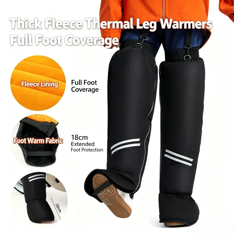 Extended Cold-Proof Zipper Knee Leg Covers, Fleece Lined Reflective Windproof E-Bike Motorcycle Leg Warmers with Foot Protection