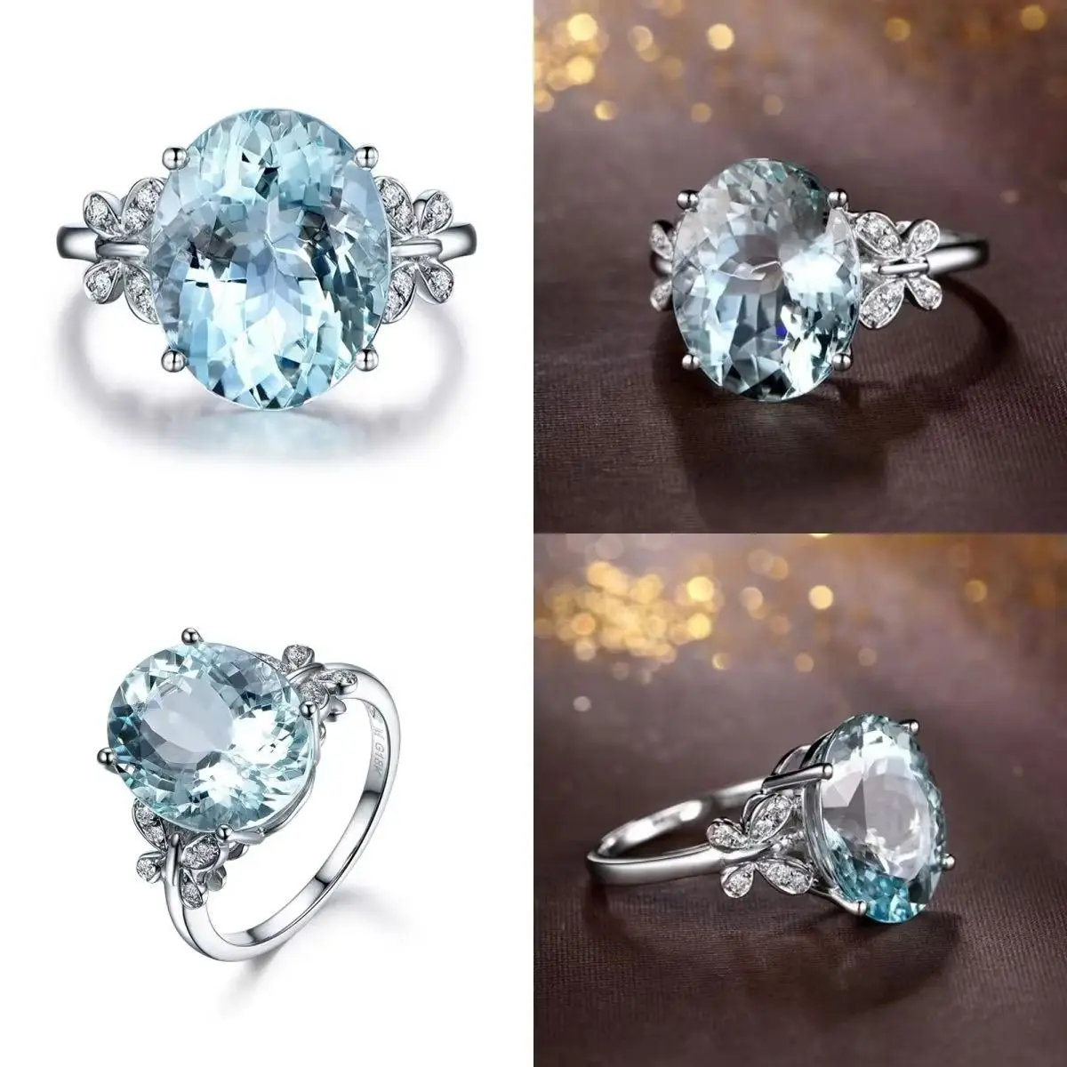 New high-end temperament shallow sea blue imitation topaz butterfly rings, female butterfly love flower active mouth ring