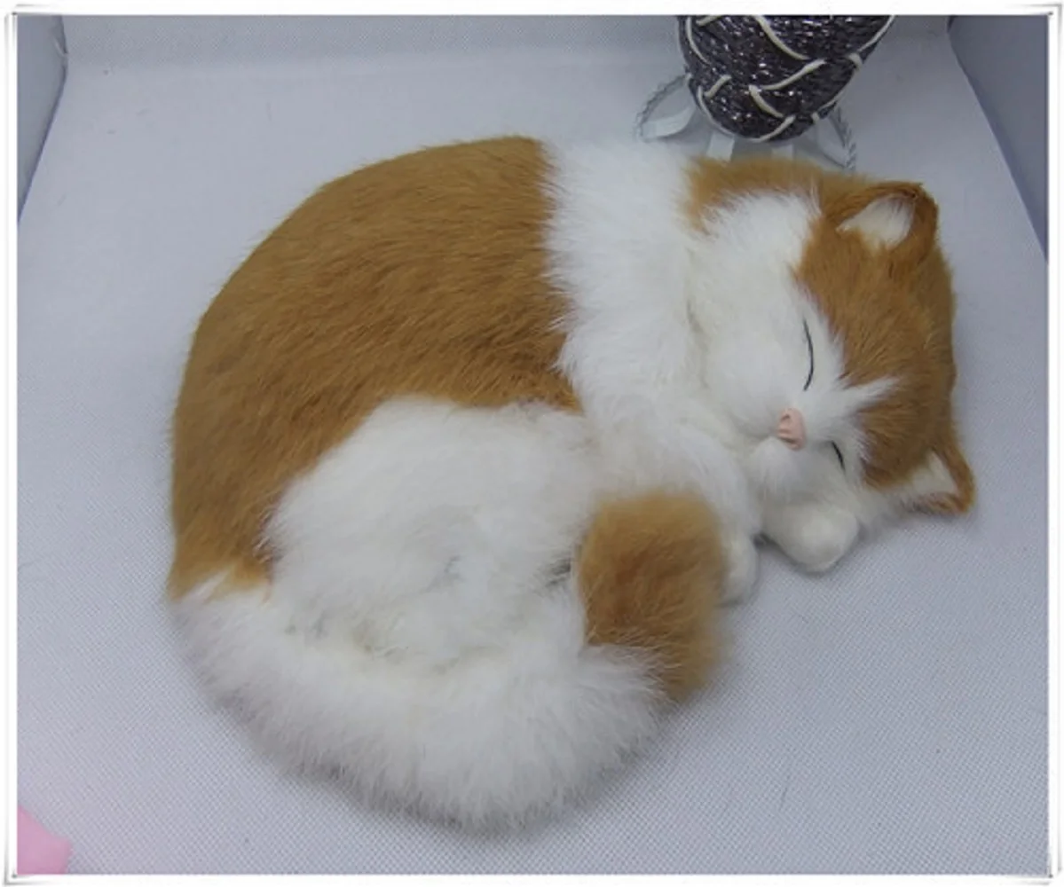 

new simulation sleeping cat polytene & fur yellow and white cat home furnishing gift 25x21cm