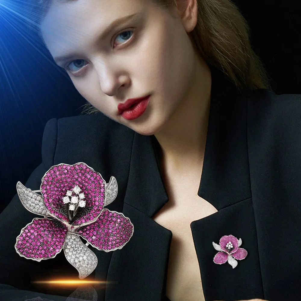 Luxurious Cubic Zirconia Orchid Flower Brooch Delicate Purple Rhinestone Floral Pins Brooches for Women Valentine's Gift