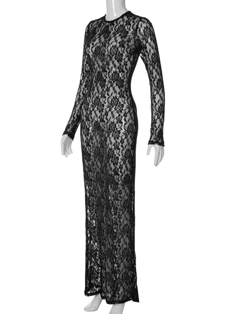 Hugcitar Floral Print Long Sleeve Sexy Bodycon Sheer See Through Maxi Dress 2023 Fall Women Fashion Streetwear Party Outfit Y2K